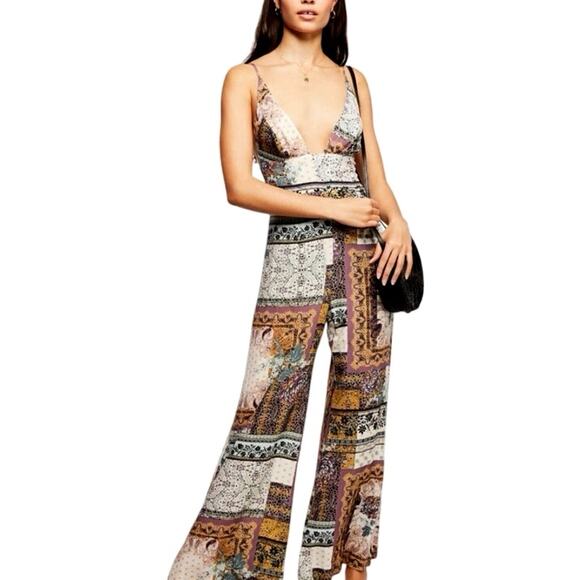 Free People Margarita Patchwork Wide Leg V-Neck Jumpsuit Multicolor EUC Size 0 - Picture 1 of 10